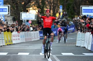 RAMATUELLE FRANCE FEBRUARY 17 Kévin Vauquelin of France and Team Arka Samsic celebrates at finish line as stage winner during the 55th Tour Des Alpes Maritimes Et Du Var 2023 Stage 1 a 1876km stage from SaintRaphal to Ramatuelle tour0683 on February 17 2023 in Ramatuelle France Photo by Luc ClaessenGetty Images