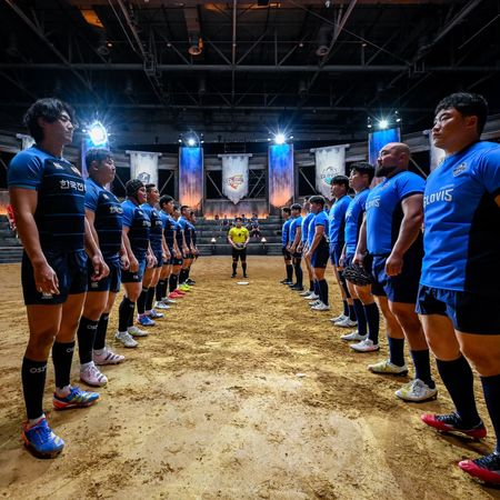 Two teams line up to face off in a circular dirt arena, with a referee in yellow at the center, in Netflix's 'Rugged Rugby: Conquer or Die.'