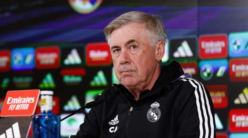 Real Madrid coach Carlo Ancelotti speaks to the media ahead of his team&#039;s trip to Barcelona in LaLiga in March 2023.