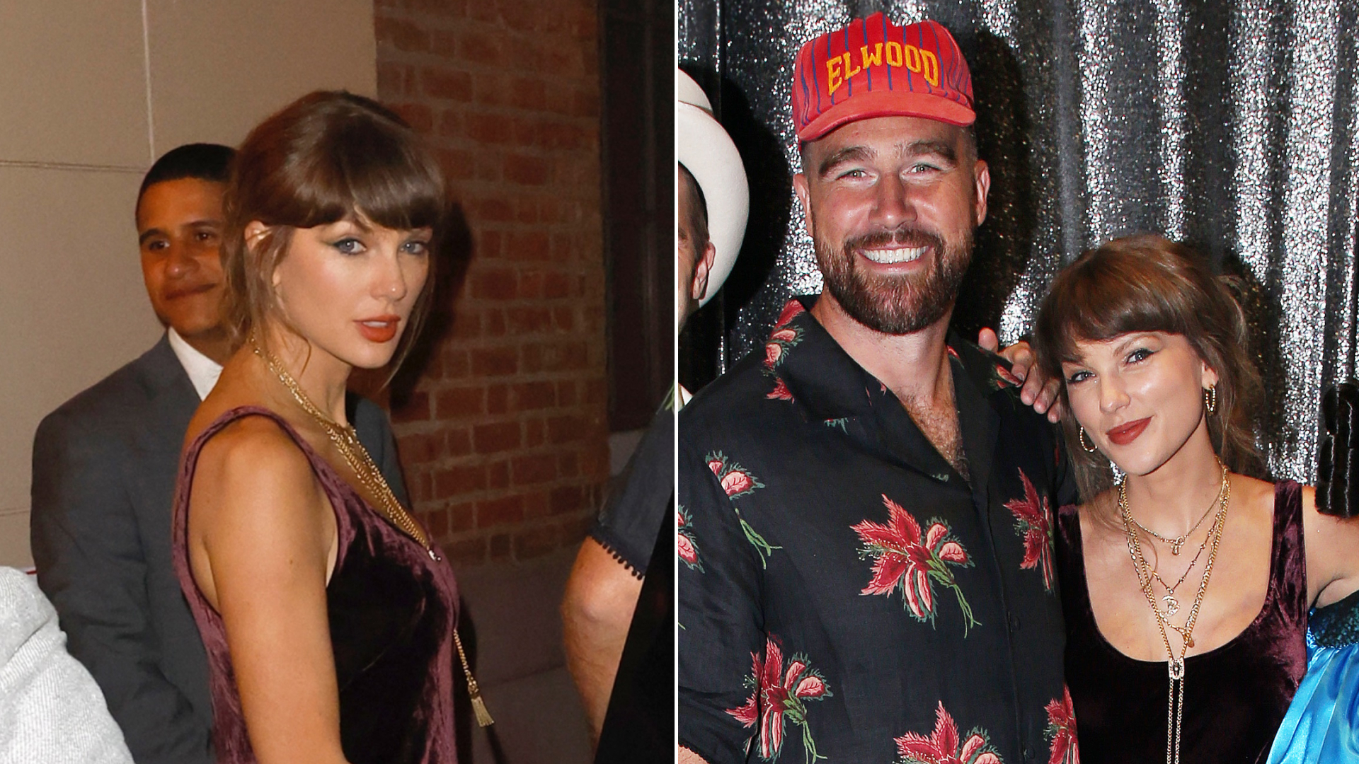 Taylor Swift wears a deep red velvet Ralph Lauren dress with Aquazzura Lovestruck pumps and opal jewelry from Elizabeth Taylor's estate for a Broadway date with Travis Kelce