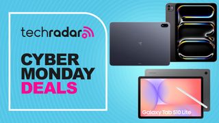 OnePlus Pad 3, Samsung Galaxy Tab S10 Lite, and Apple iPad Pro tablets arranged on top of blue TechRadar Cyber Monday deals banner