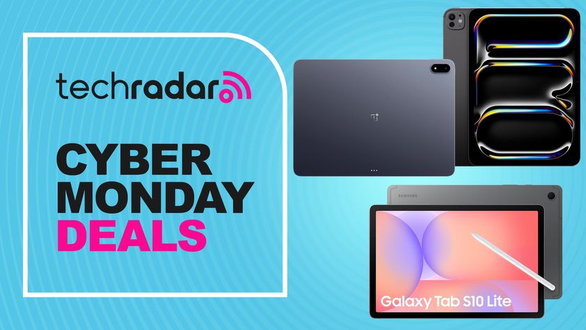 OnePlus Pad 3, Samsung Galaxy Tab S10 Lite, and Apple iPad Pro tablets arranged on top of blue TechRadar Cyber Monday deals banner