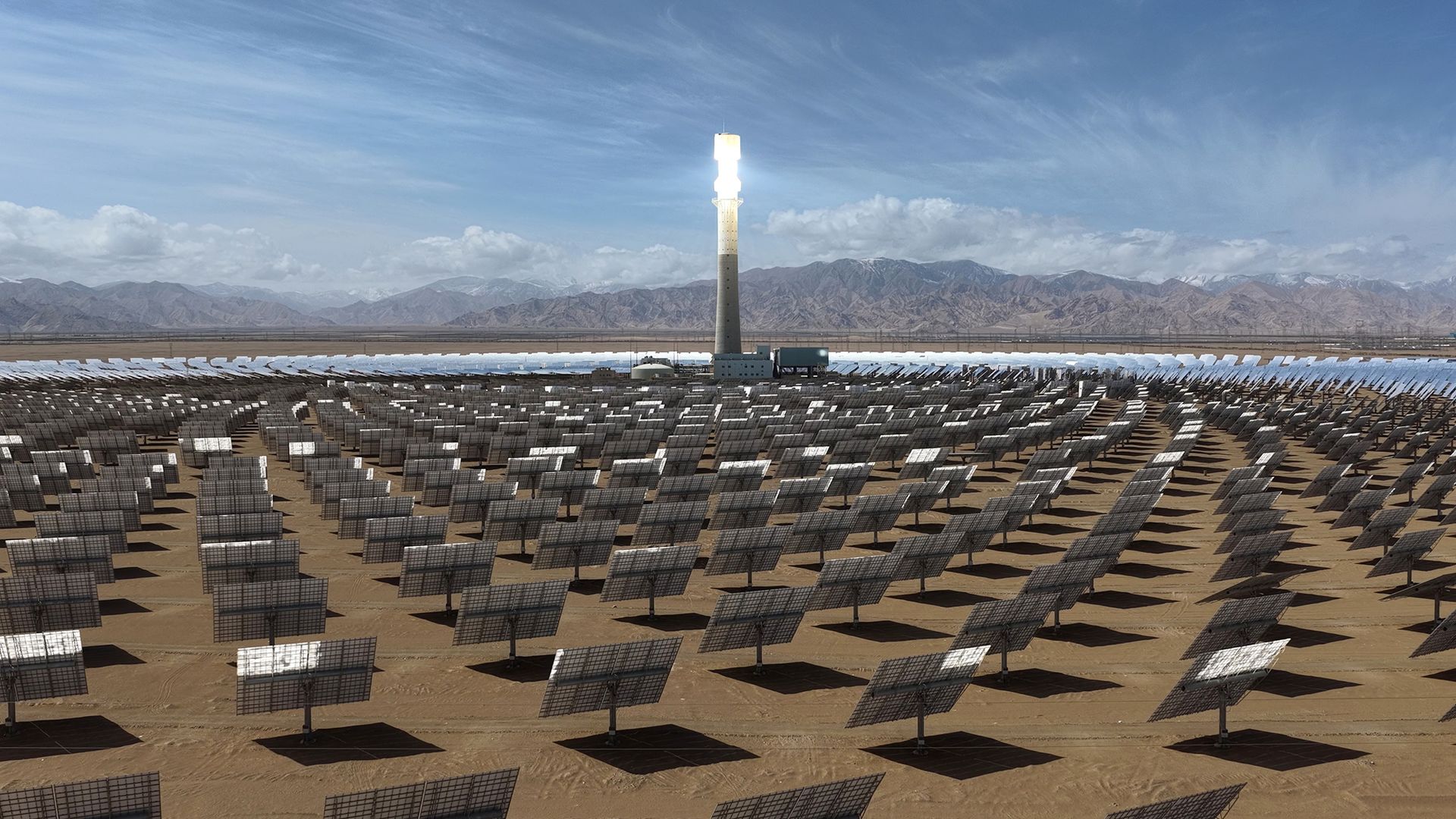 
                                A mirror array focusses sunlight onto a molten salt power station in the desert near Golmud, China
                            