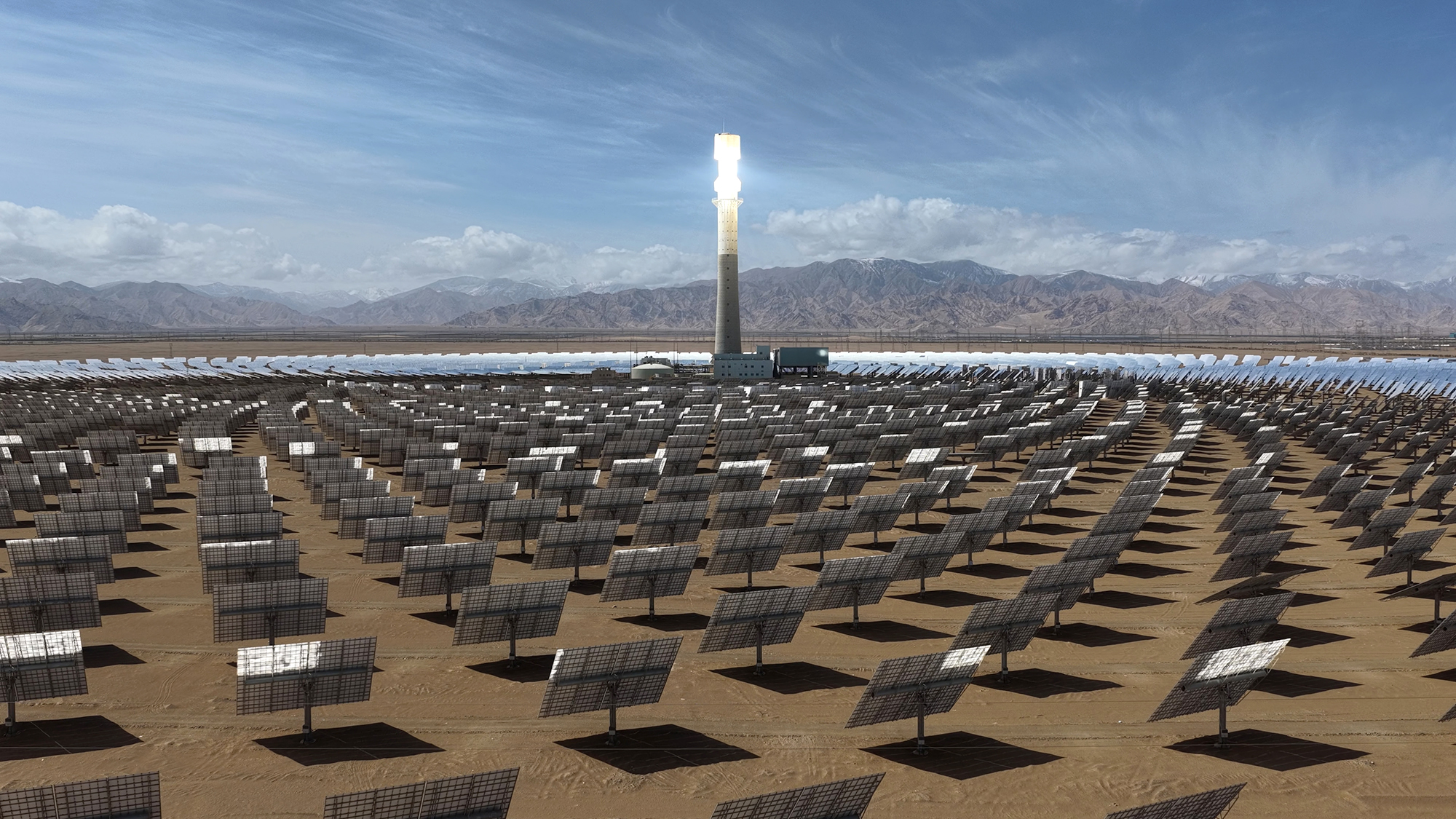 A mirror array focusses sunlight onto a molten salt power station in the desert near Golmud, China