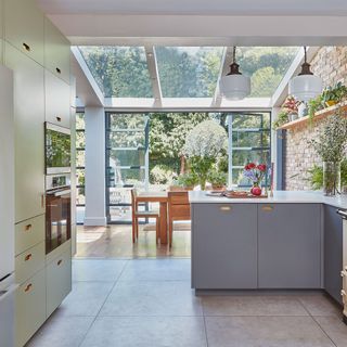 kitchen with white and blue cabinets
