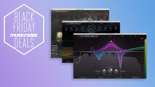 Three FabFilter plugins on a gradient background