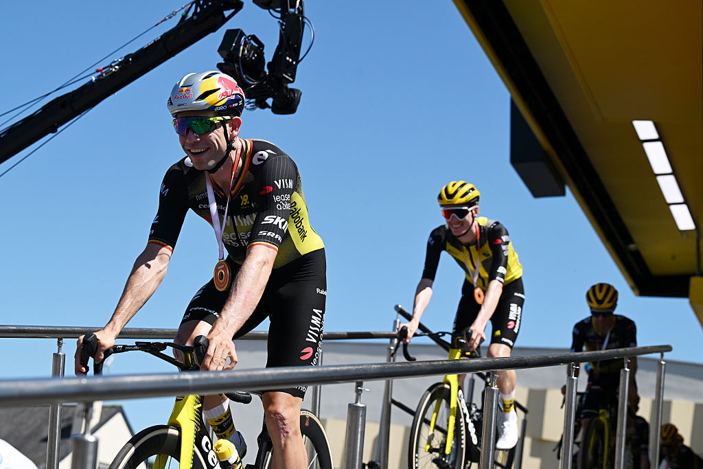 SAINT-MEEN-LE-GRAND, FRANCE - JULY 12: Wout Van Aert of Belgium and Team Visma | Lease a Bike prior to the 112th Tour de France, Stage 8 a 197km stage from Saint-Meen-le-Grand to Laval (Espace Mayenne) / #UCIWT / on July 12, 2025 in Saint-Meen-le-Grand, France.