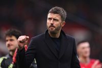 MANCHESTER, ENGLAND - FEBRUARY 07: Michael Carrick, Manager of Manchester United, celebrates victory during the Premier League match between Manchester United and Tottenham Hotspur at Old Trafford on February 07, 2026 in Manchester, England. (Photo by Carl Recine/Getty Images)