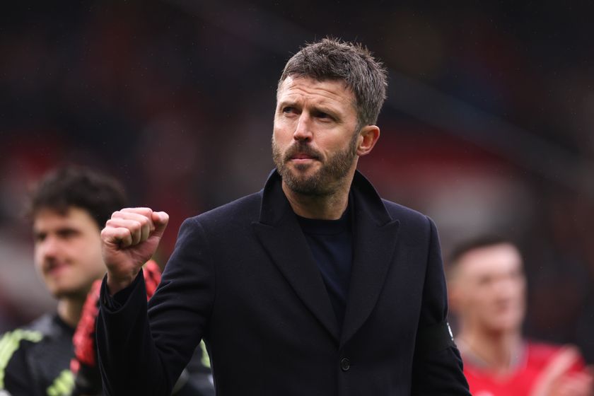 MANCHESTER, ENGLAND - FEBRUARY 07: Michael Carrick, Manager of Manchester United, celebrates victory during the Premier League match between Manchester United and Tottenham Hotspur at Old Trafford on February 07, 2026 in Manchester, England. (Photo by Carl Recine/Getty Images)