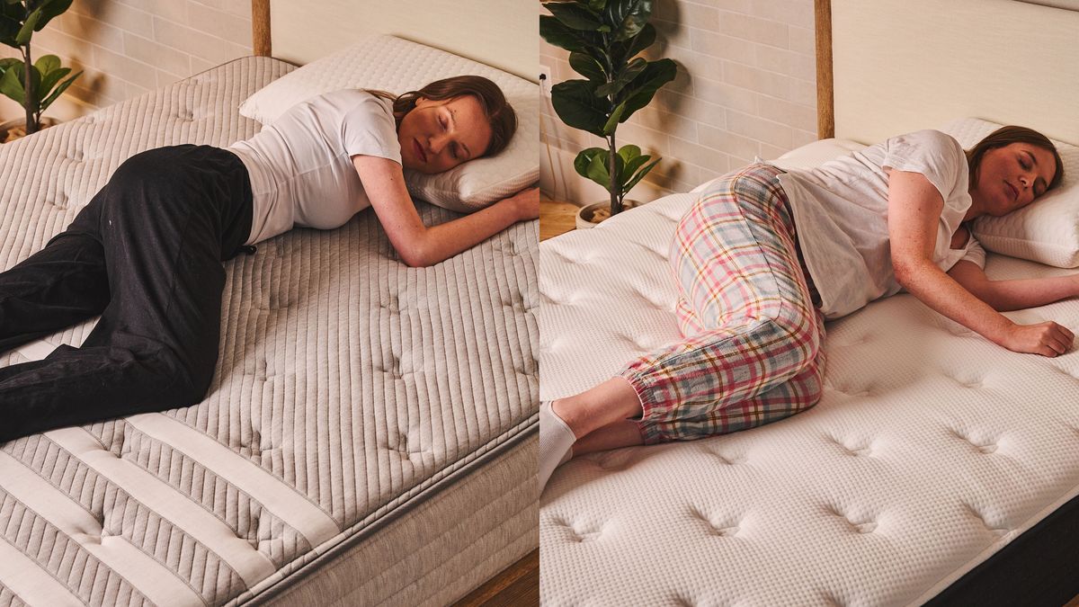 A person lies in a side sleeping position on a hybrid mattress (left) and a person lies in a side sleeping position on a memory foam mattress (right)