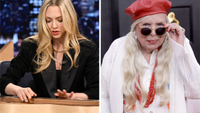 Amanda Seyfried playing the dulcimer in 2025 and Joni Mitchell in 2022