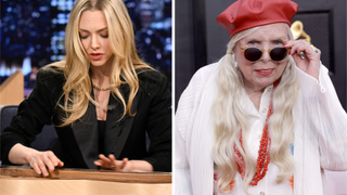 Amanda Seyfried playing the dulcimer in 2025 and Joni Mitchell in 2022