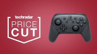 Nintendo Switch Pro Controller on red background next to techradar price cut deal badge