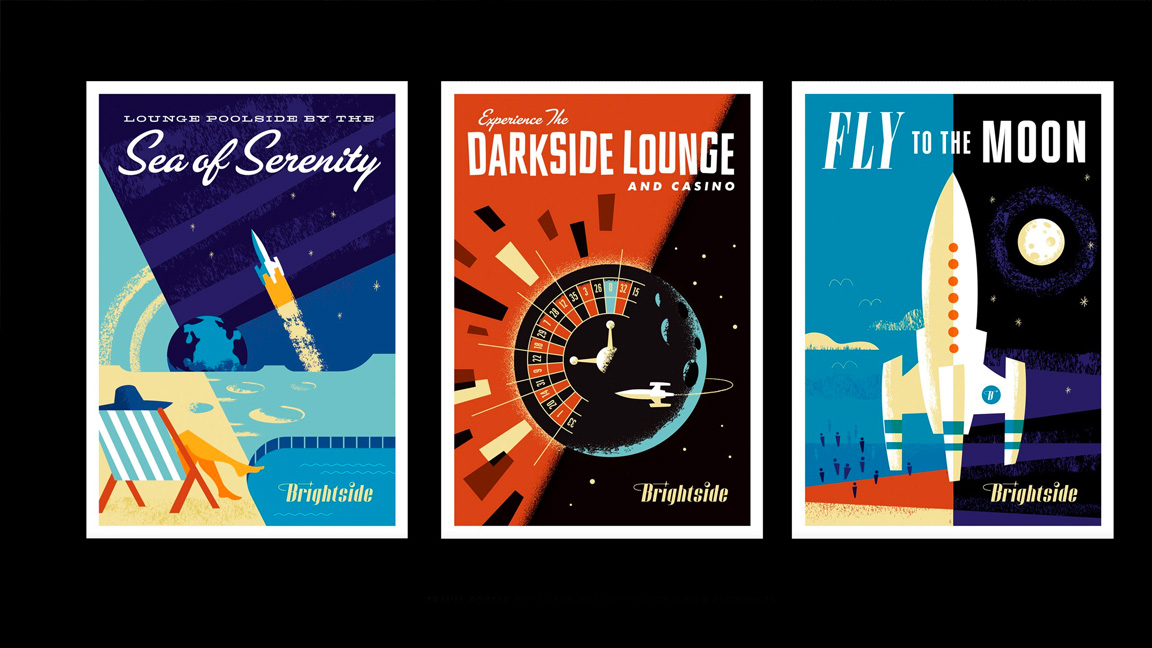 Hello Tomorrow! logo design; three posters showing an imagined luna property company