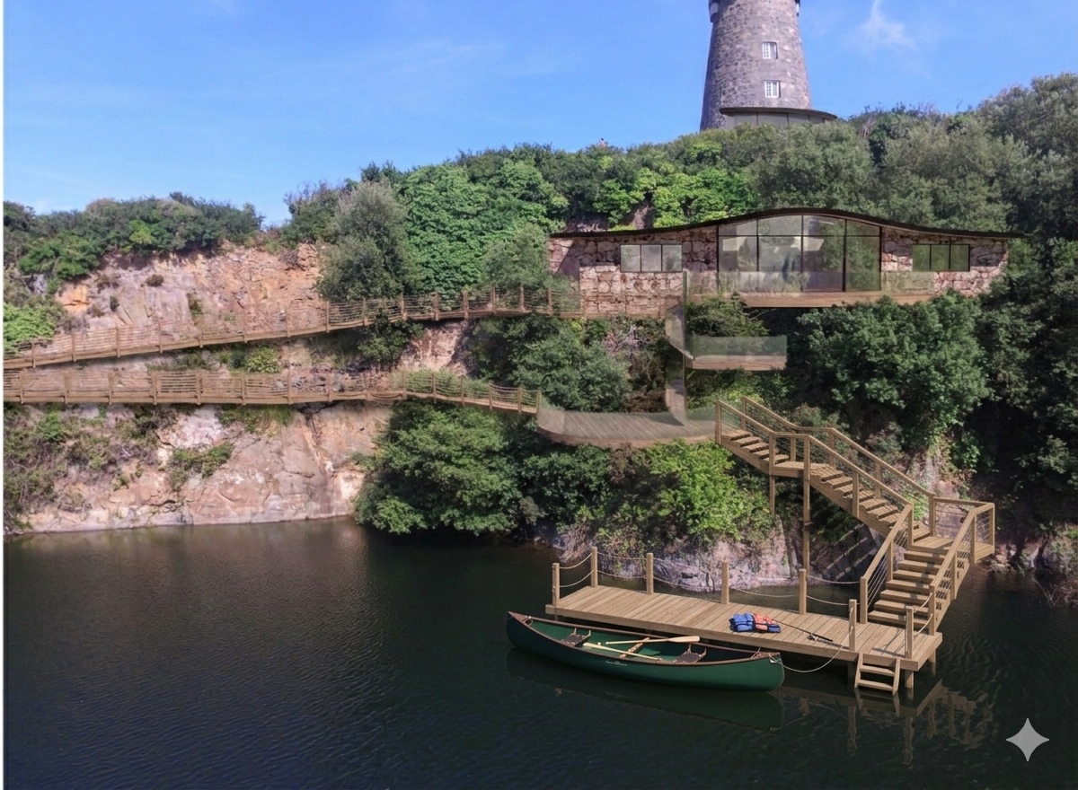 Images of a disused but restored Mill tower on the isle of Guernsey. It overlooks a quarry filled with water