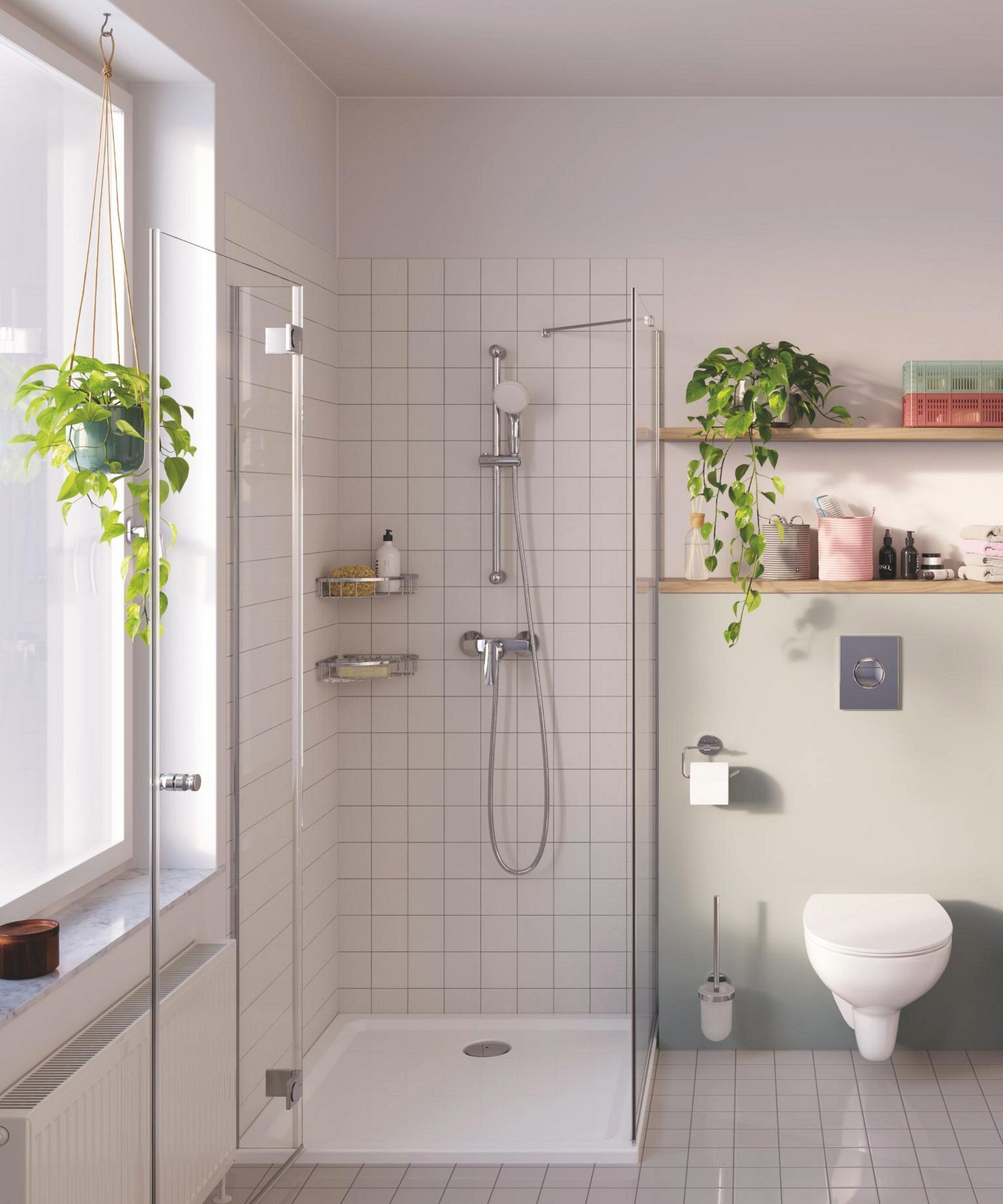 Tile idea for small bathroom where the walls are painted in the same colour as the tiles