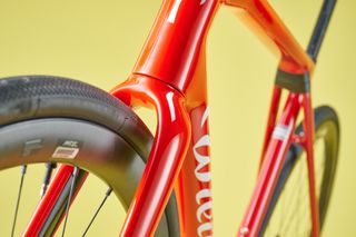 The Wilier Granturismo SLR Forks close up showing ample space for the wheel and tire