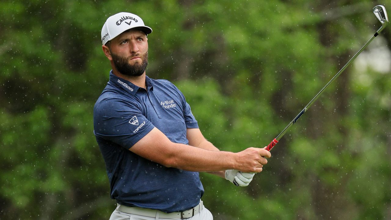 Jon Rahm hits an iron shot at the PGA Championship