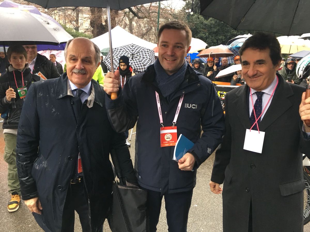 UCI president David Lappartient with Renato di Rocco and Urbano Cairo