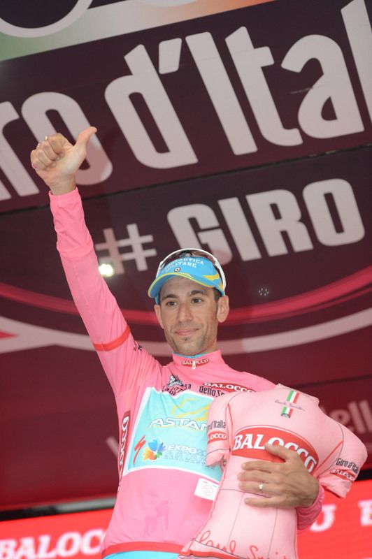 Vincenzo Nibali (Astana) celebrates his first maglia rosa of 2013 after the stage 8 time trial