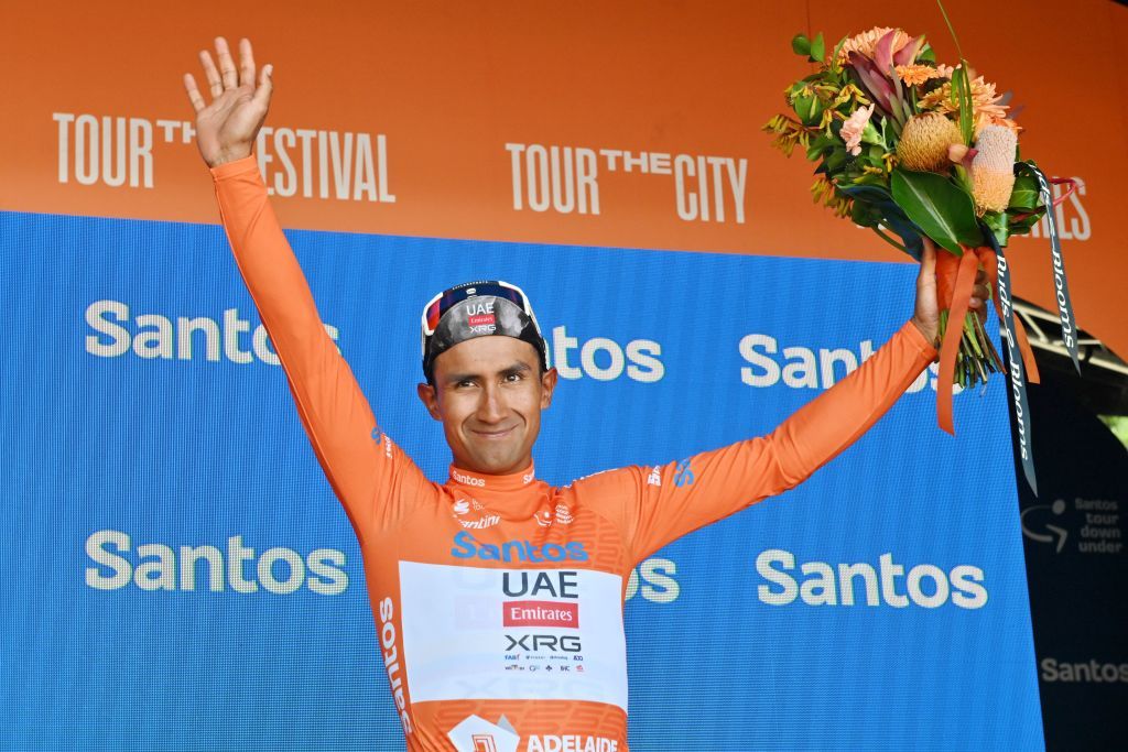 Cofidis rider Bryan Coquard from France wears the ochre leader's jersey after stage 5 of the Tour Down Under cycling race in Adelaide on January 25, 2025. (Photo by Brenton Edwards / AFP)