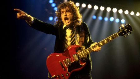Angus Young onstage at the Joe Louis Arena during the band's "Flick of the Switch/Monsters of Rock" tour, on November 17, 1983, 