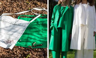 Two images, Left- Two tie neck tops in white and green, Right, Two models wearing all green- trousers, top and long coat, All white- trouser, top and long coat