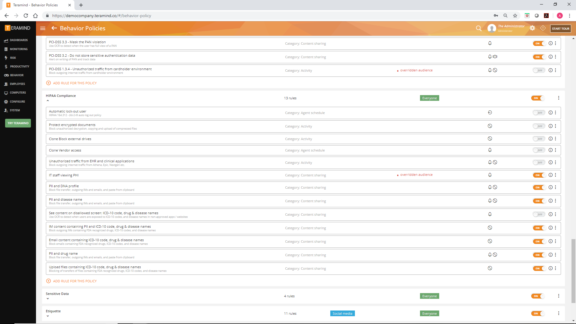 A sample list of behavioral policies and rules that can be created on Teramind. The solution comes with hundreds of pre-built rules to prevent common insider threats and data breaches. 