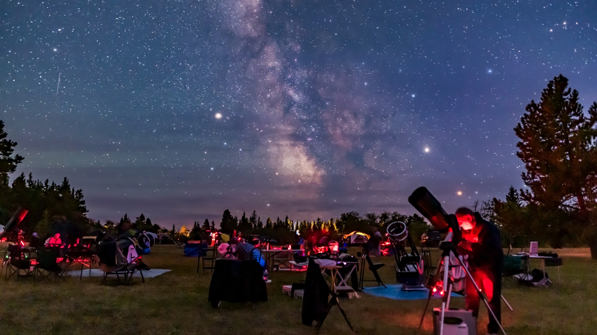 a bright starry sky above a lush green landscape