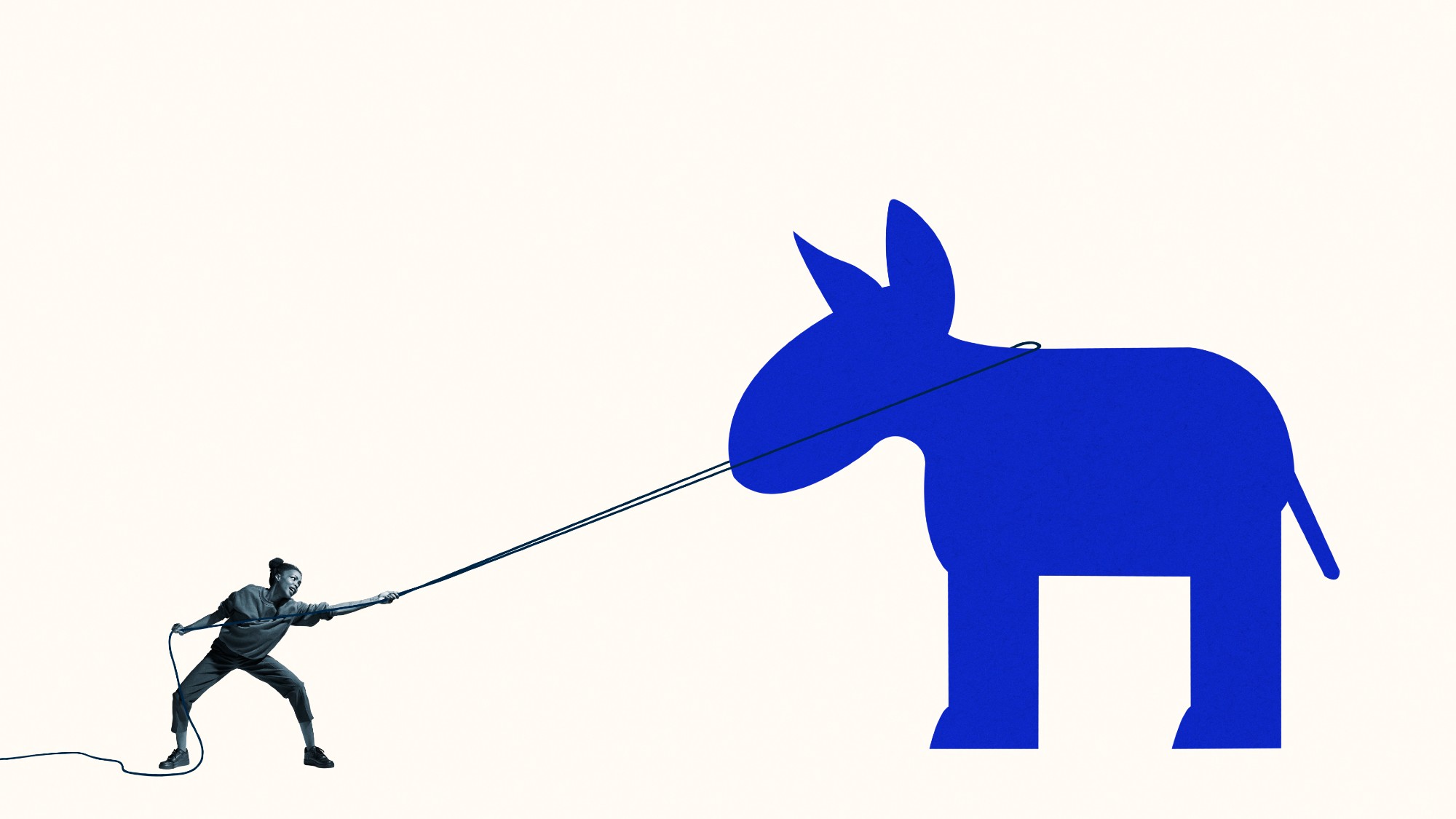 small illustration of a woman with a ponytail pulling a large blue donkey. the donkey is meant to convey the Democratic Party symbol