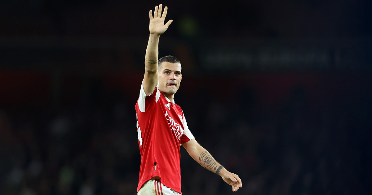 Arsenal star Granit Xhaka acknowledges the fans following victory in the UEFA Europa League group A match between Arsenal FC and PSV Eindhoven at Emirates Stadium on October 20, 2022 in London, England.