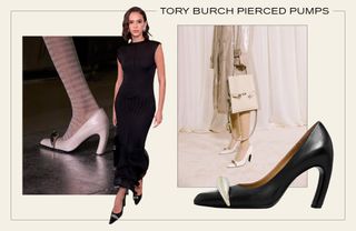 a collage of runway, celebrity, and product imagery highlighting the Tory Burch Pierced Pumps