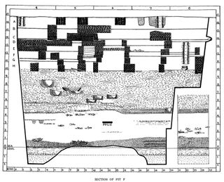 Field drawing showing depth of the burial at the Ur site, where the skeleton was located, within Pit F.