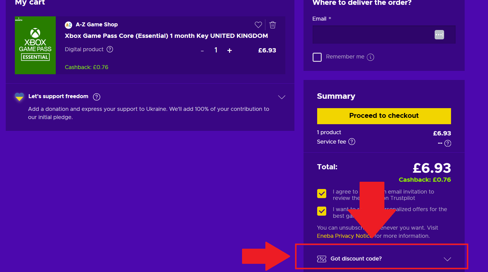 A screenshot of the Eneba checkout page showing where to enter an Eneba promo code