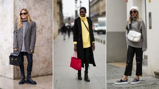 A composite of street style influencers showing autumn outfit ideas - leather trousers and oversized knit