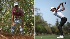 Min Woo Lee looks for a ball in the bushes, Akshay Bhatia at the top of his backswing