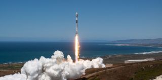 A SpaceX Falcon 9 rocket launches 51 of the company's Starlink internet satellites from Vandenberg Space Force Base in California on May 10, 2023.
