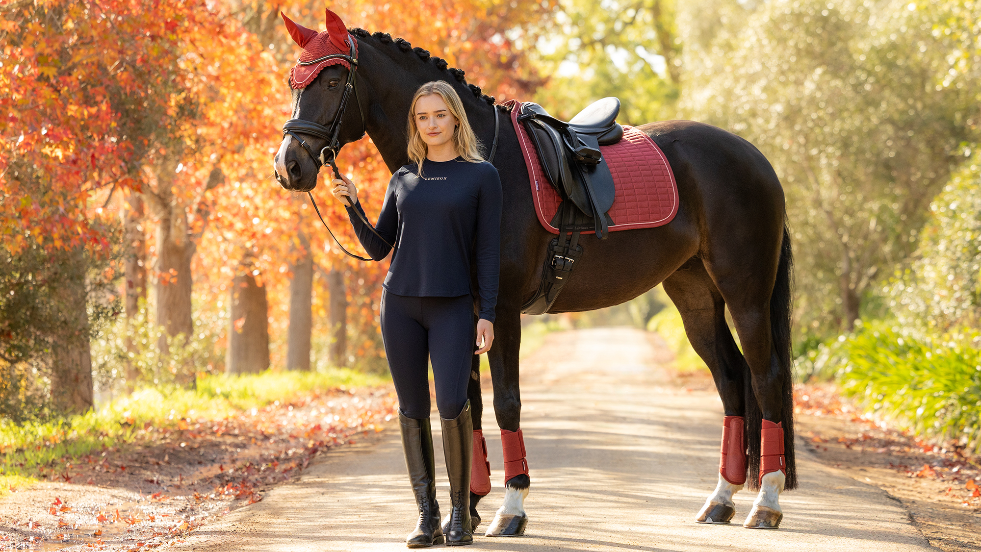 Horse wearing new LeMieux AW26 colour Russet saddlepad, fly veil and brushing boots
