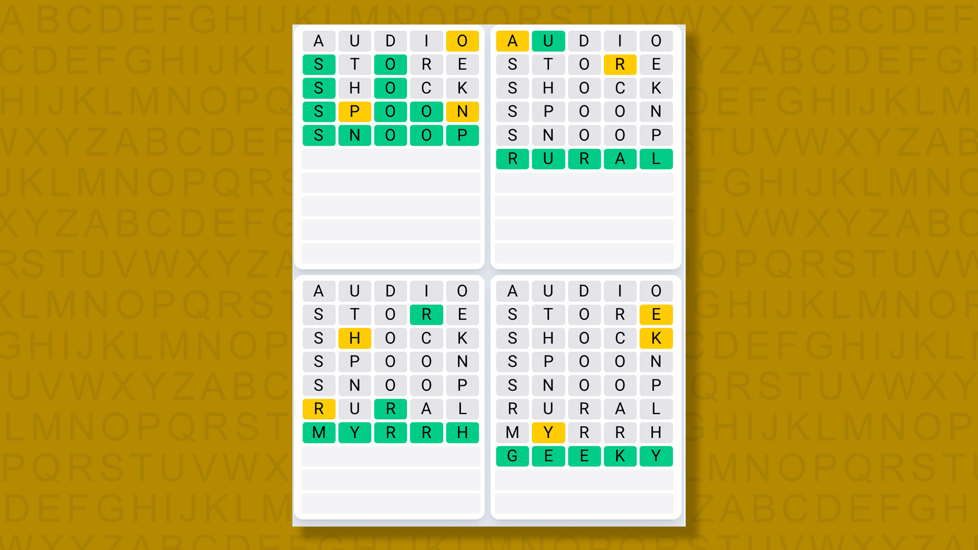 Quordle Daily Sequence answers for game 1354 on a yellow background