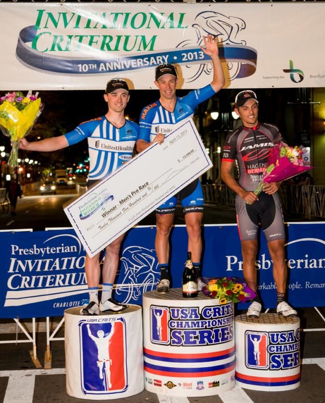 2013 Presbyterian Hospital Invitational Criterium men's podium (L-R): Luke Keough, Hilton Clarke and Demis Aleman