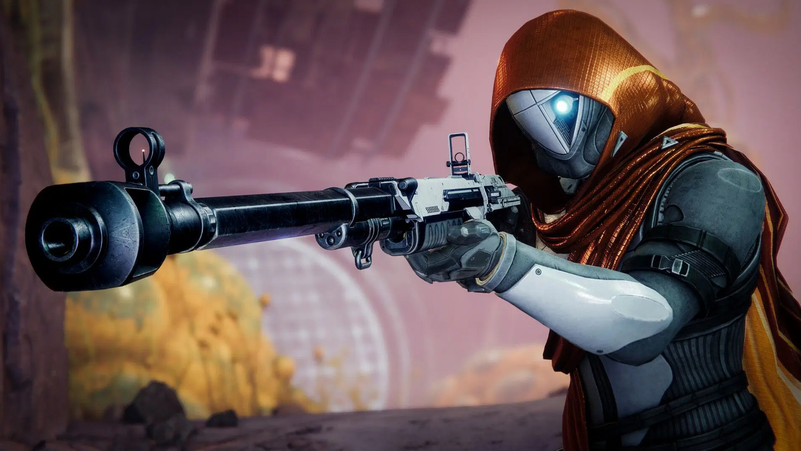 Destiny 2 Portal modifiers: A Hunter aiming the New Land Beyond rifle towards the camera in a Vex environment.