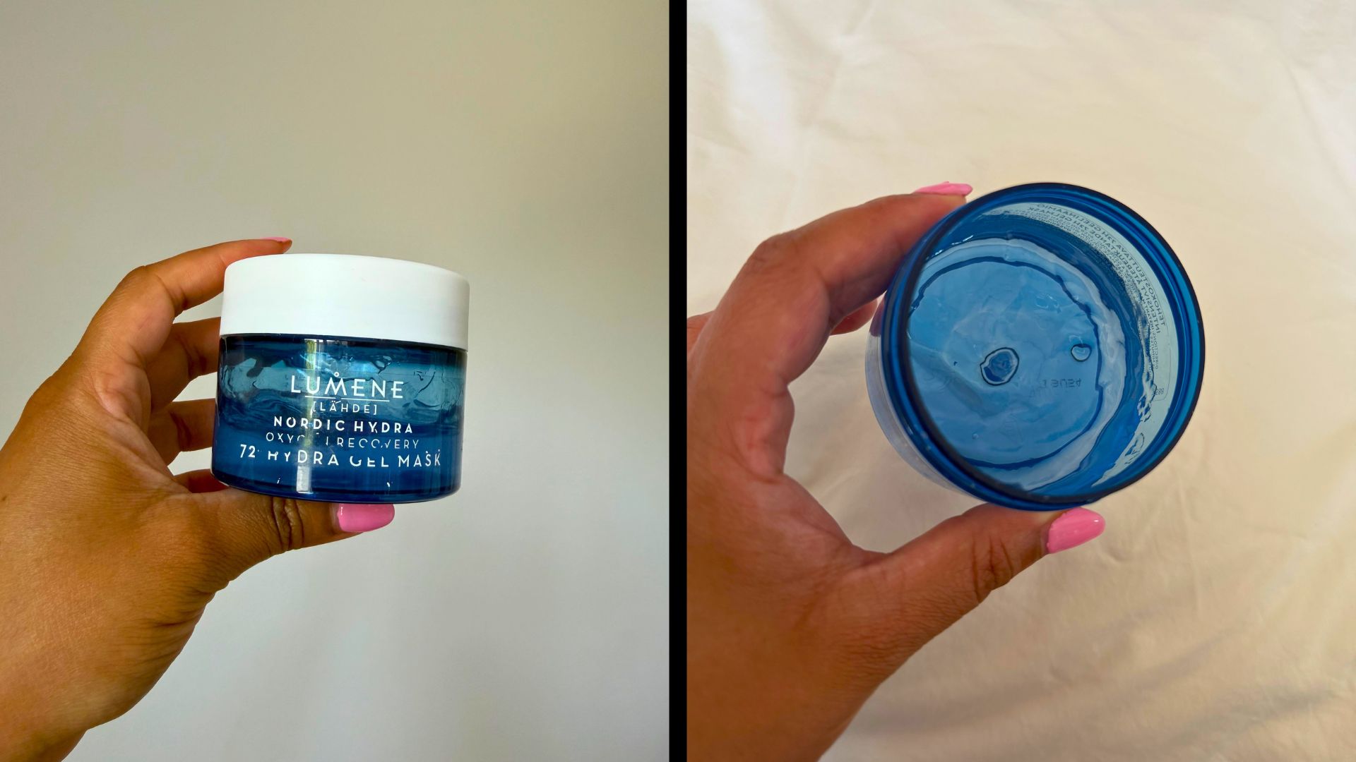 Aleesha holding Lumene Nordic Hydra [L&amp;auml;hde] Hydrating Gel Mask next to an image of the inside of the tub showing the gel texture