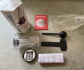 AeroPress coffee maker unboxed on the countertop