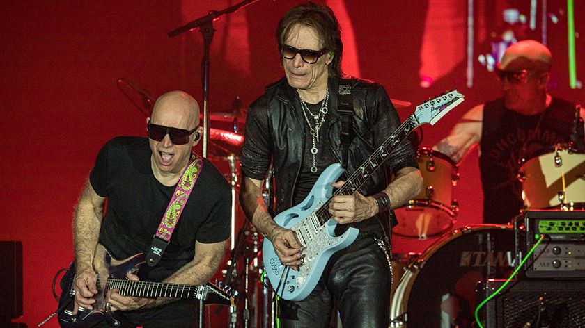  (L-R) Joe Satriani, Steve Vai, and Kenny Aronoff perform on stage at Harrah&#039;s Resort Southern California on May 10, 2024 in Valley Center, California