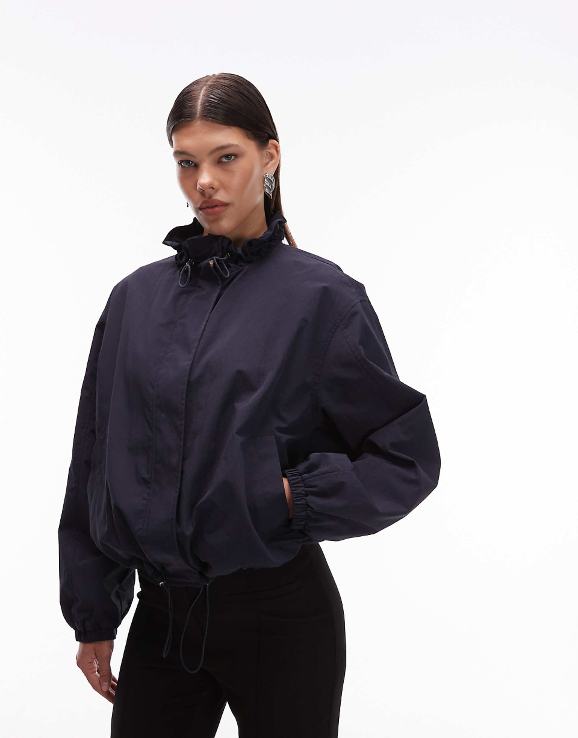 Asos Design Bubble Hem Nylon Track Jacket in Navy