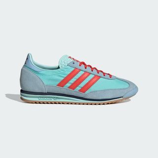 aqua blue adidas with red accents 