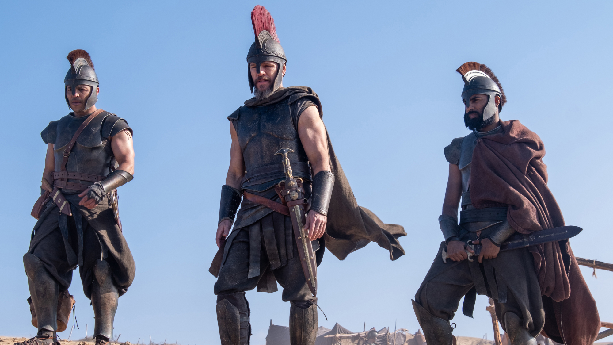 Jimmy Gonzales is Cepheus, Matt Damon is Odysseus and Himesh Patel is Eurylochus in THE ODYSSEY, written, produced, and directed by Christopher Nolan.