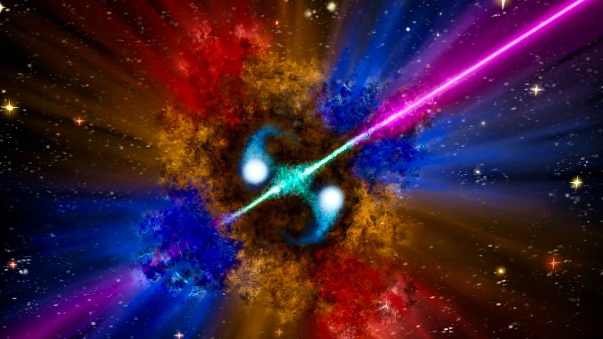 An artist&#039;s impression of a bright gamma-ray burst erupting from the collision of two neutron stars 1.1 billion light-years from Earth.