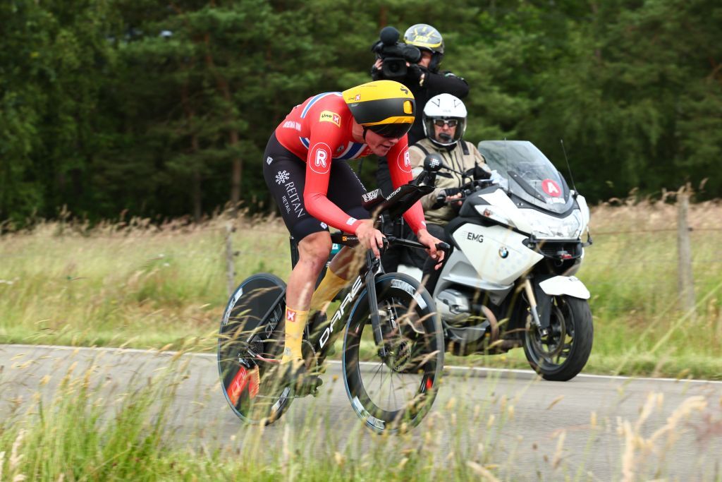 Norway's Soren Waerenskjold pictured in action during the first stage of the Baloise Belgium Tour cycling race, an individual time trial of 12km, in Koersel, on Wednesday 12 June 2024.
BELGA PHOTO DAVID PINTENS (Photo by DAVID PINTENS / BELGA MAG / Belga via AFP)
