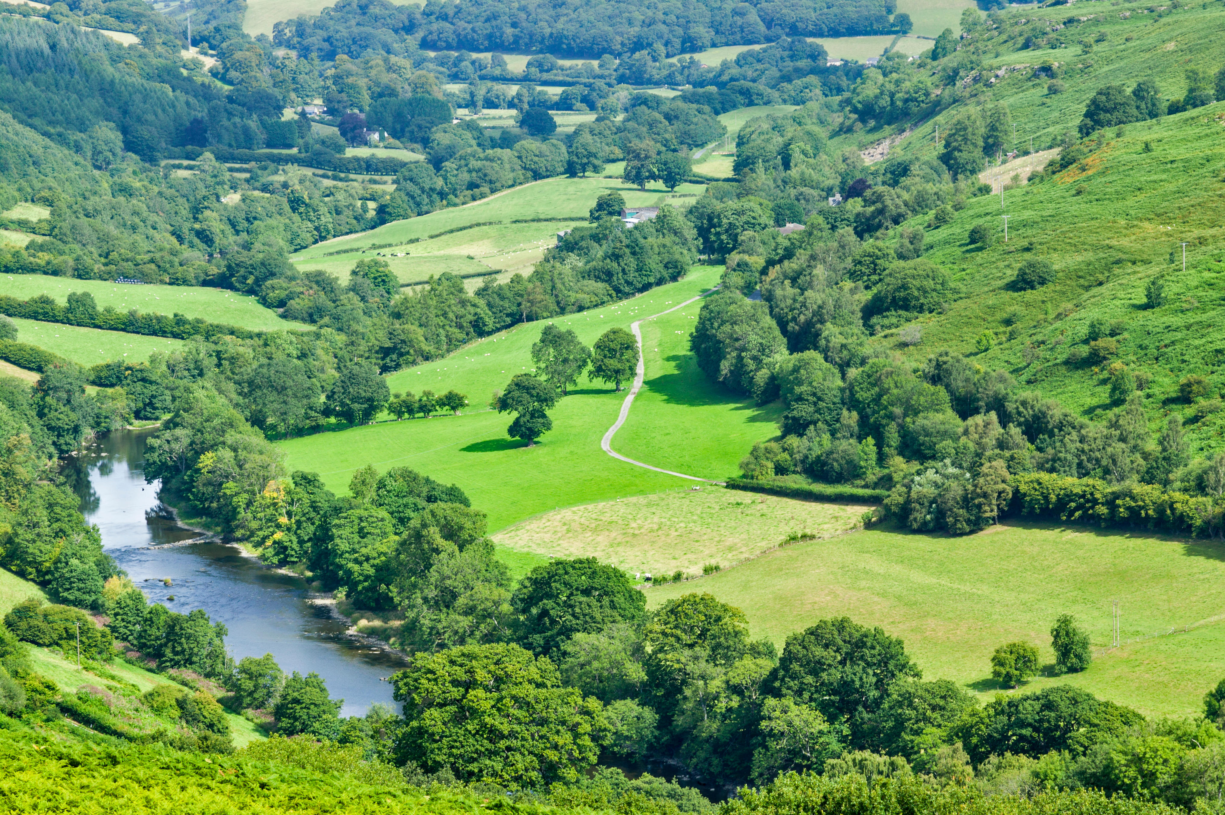 Aerial view of a green valley with a wide river running through it